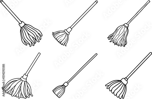 Set of Dry mop black outline vector and illustration, coloring book page