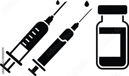 Black and white medical illustration featuring two syringes and a medicine vial depicting vaccination and healthcare concepts