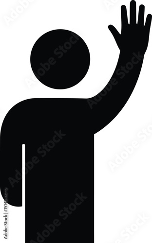 Simplified black silhouette of a person raising hand in a gesture of greeting or request on white background