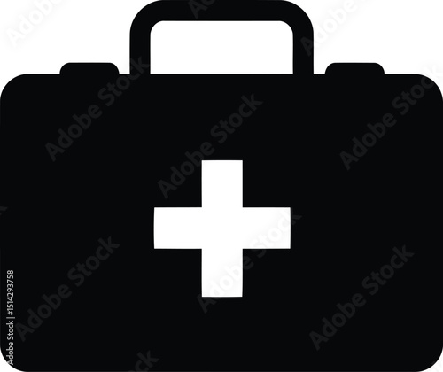 Simple black and white first aid kit icon representing medical emergency preparedness and healthcare symbolism
