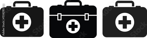Black and white first aid kit icons representing healthcare and emergency medical assistance available for usage in health and safety
