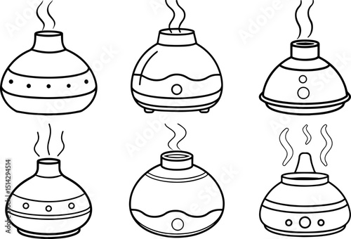 Set of Humidifying diffuser black outline vector and illustration, coloring book page