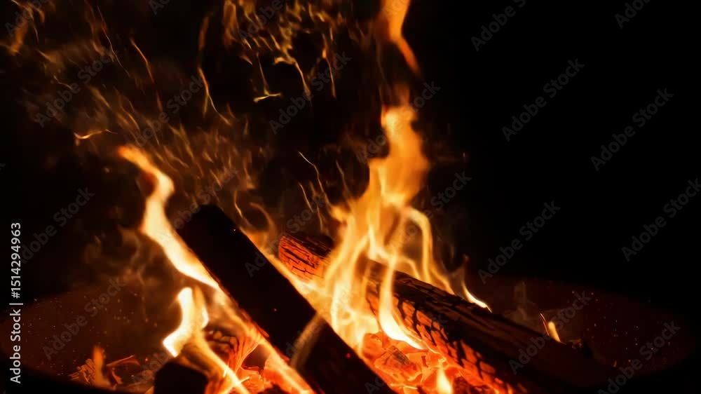Burning fire with flames and sparks against dark background close up view Burning fire with flames and sparks against dark background close up view