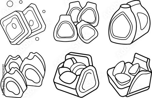 Set of Laundry detergent pods black outline vector and illustration, coloring book page