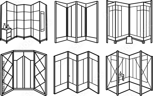 Set of Room divider black outline vector illustration, coloring book page
