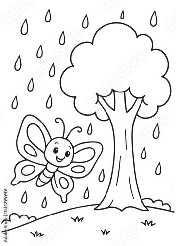 Coloring book butterfly with a big smile flying near a tree as raindrops fall around it.