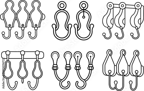 Set of Wall hooks black outline vector illustration, coloring book page