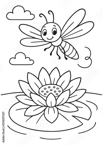 Coloring book dragonfly flying above a blooming lotus flower on a pond with clouds. 