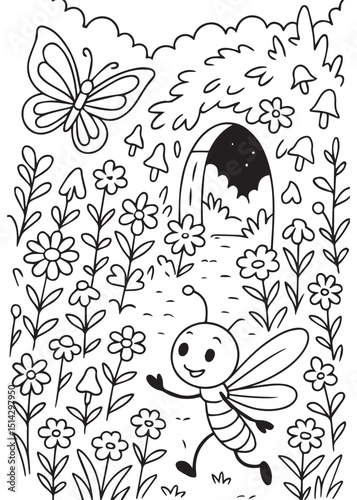 Coloring book dragonfly skipping through a flower field with mushrooms and a dark archway in the background