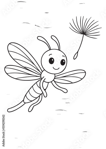 Coloring book dragonfly happily flies past a dandelion seed floating in the air.
