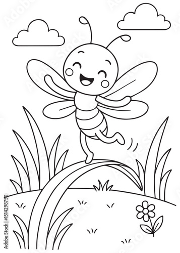Coloring book dragonfly skipping on a blade of grass with clouds above