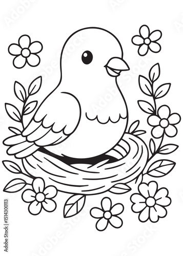 Coloring book  pigeon sits in a nest surrounded by blooming flowers and leaves. 