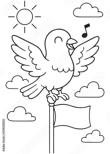 Coloring book pigeon sings joyful notes while perched on a flagpole under the sunny sky.