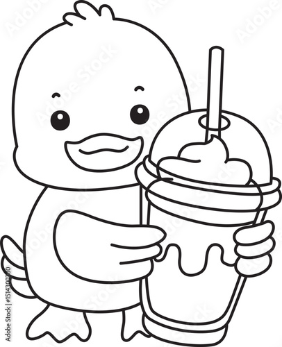 Lineart of Cute Duck icon. Outline of Funny baby Duck animal series stock illustration. life of fluffy Duck designs.