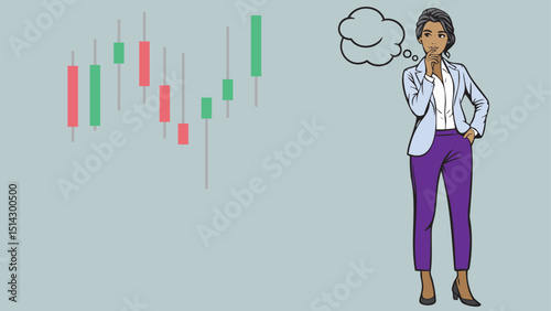 A business woman stockbroker or investor is thinking beside a stock chart candlestick