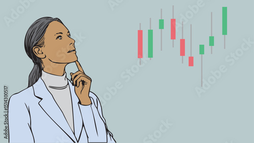 A business woman stockbroker or investor is thinking beside a stock chart candlestick