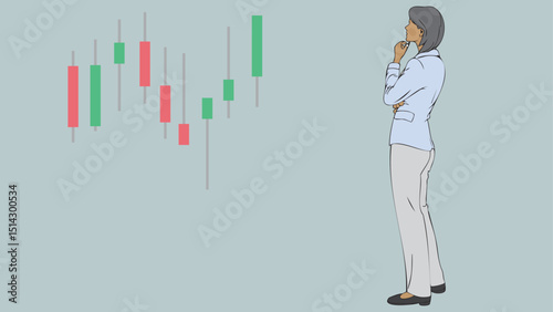 A business woman stockbroker or investor is thinking beside a stock chart candlestick