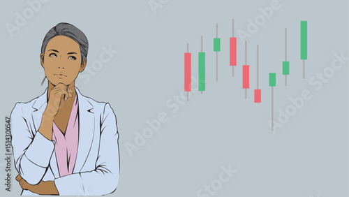 A business woman stockbroker or investor is thinking beside a stock chart candlestick