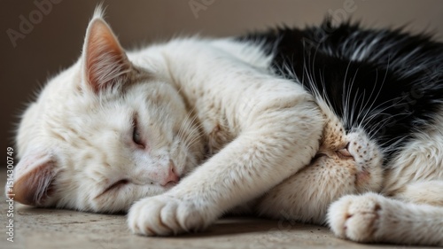White and black cats lying together, contrasting colors create striking composition showing friendship between felines, close up portrait of domestic