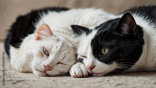 White and black cats lying together, contrasting colors create striking composition showing friendship between felines, close up portrait of domestic