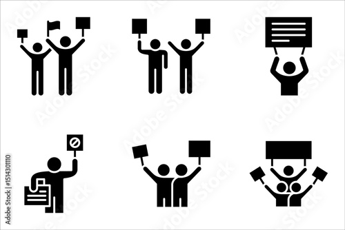 Protest icon set, Political protest. Public opinion. Protesters with banners. Demonstration, vector illustration on white background