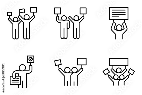 Protest icon set, Political protest. Public opinion. Protesters with banners. Demonstration, vector illustration on white background