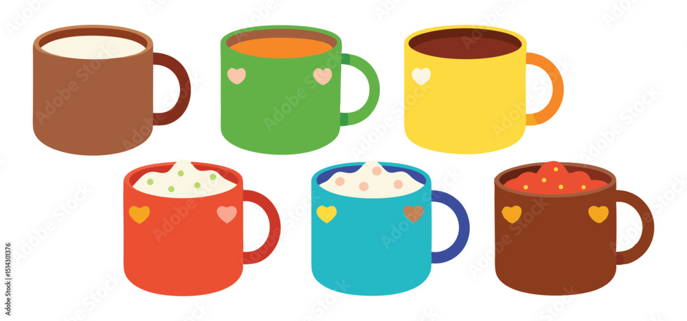 A charming illustrated arrangement featuring six colorful mugs filled with various hot beverages for warmth and delight. A charming illustrated arrangement featuring six colorful mugs filled with various hot beverages for warmth and delight.