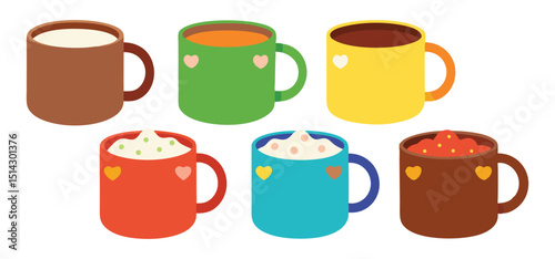 A charming illustrated arrangement featuring six colorful mugs filled with various hot beverages for warmth and delight.