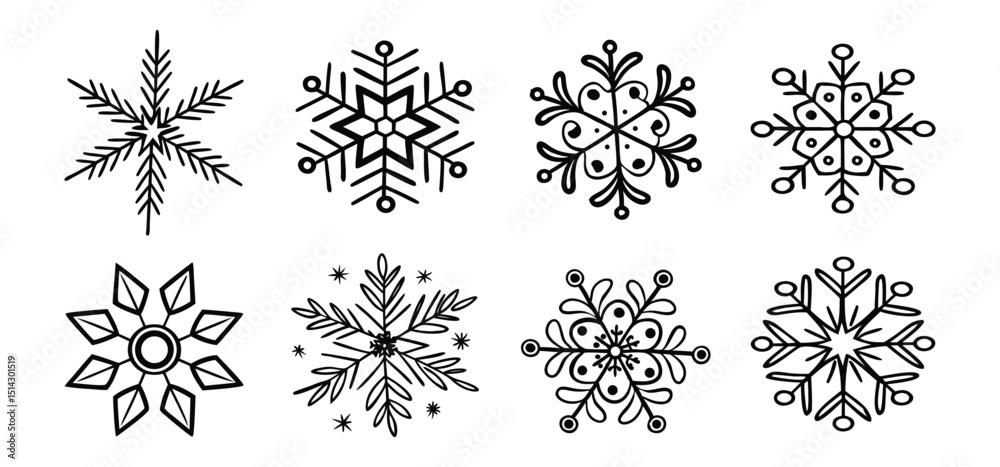 A collection of hand-drawn winter snowflake designs in a clean black and white style for festive decoration and holiday cards A collection of hand-drawn winter snowflake designs in a clean black and white style for festive decoration and holiday cards
