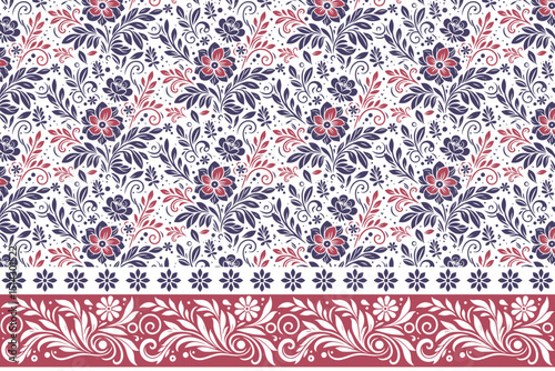 floral sketch one line pattern, seamless cotton flower design, fashion textile with border, trendy fabric texture idea, wrapping paper print

