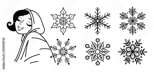 Black and white illustration of a woman wearing a head covering and several snowflake designs for winter holidays