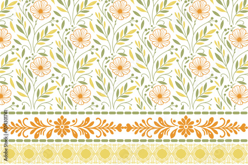 one line flower sketch style, floral pattern with border, seamless nature textile print, rose cotton wrapping fabric, modern fashion texture

