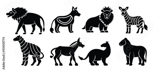 Black and white vector illustration depicting a collection of stylized african savanna animals including lion and zebra.