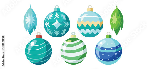 Collection of festive christmas ornaments with various designs and colors for holiday season decoration isolated