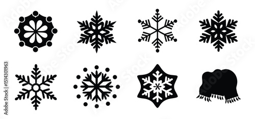 Collection of diverse stylized black snowflakes and a scarf illustration set on a clean white background for winter designs.