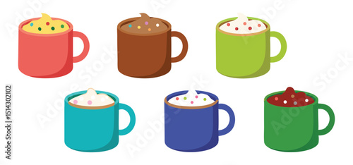 Colorful cartoon illustration of six mugs filled with flavored beverages featuring whipped cream and sprinkles on top.