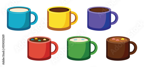 Colorful illustration of hot beverages served in different cups with diverse shades and flavors for enjoyment
