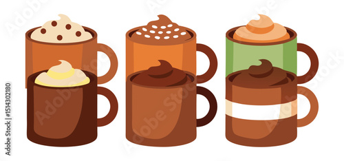 Colorful vector illustration of various coffee drinks, showcasing different beverage types with vibrant whipped cream toppings.