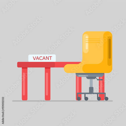 flat illustration with empty employee chair and paper containing vacancy writing, orange chair and red table