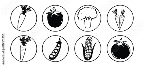 Minimalist black and white vegetable icons displayed in circle shapes illustrating healthy fresh food options.
