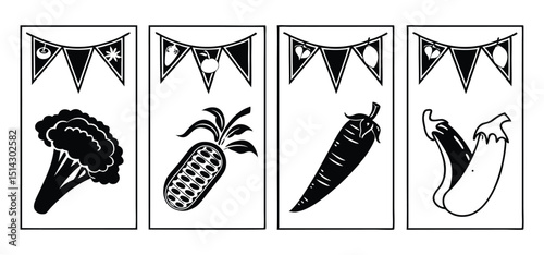 Monochrome illustrations of vegetables with decorative banners for dietary and healthy eating related concepts
