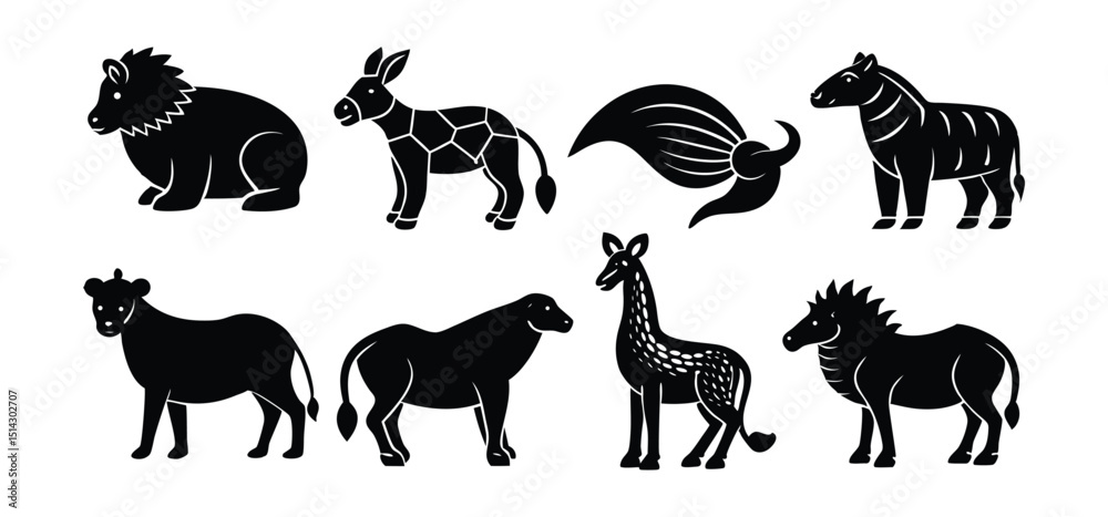 Fototapeta premium Simple and stylized black silhouettes of diverse animals including lion donkey zebra giraffe and others on white background.