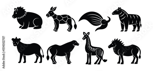 Simple and stylized black silhouettes of diverse animals including lion donkey zebra giraffe and others on white background.