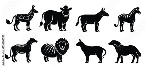 Stylized collection of various black animal silhouettes including giraffe cow horse zebra sheep and dog illustrations