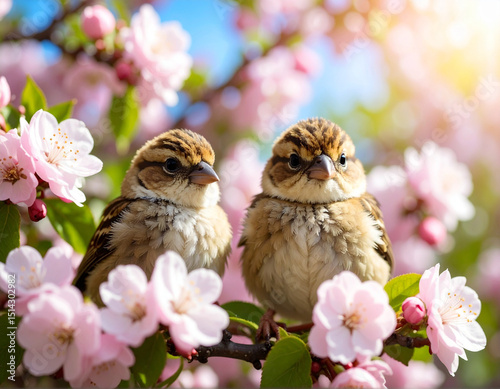 Cute Sparrow Chicks in Garden Surrounded by Pink Apple Blossoms in Springtime Nature Scene