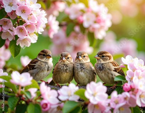 Cute Sparrow Chicks in Garden Surrounded by Pink Apple Blossoms in Springtime Nature Scene