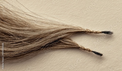 Two light-brown hair strands, loosely braided at the ends, splayed on a pale beige surface
