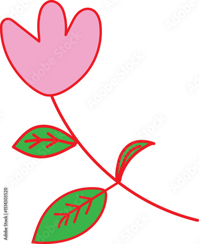 Hand-Drawn Pink Flower with Green Leaves – Cute Botanical Clipart for Kids & DIY Crafts