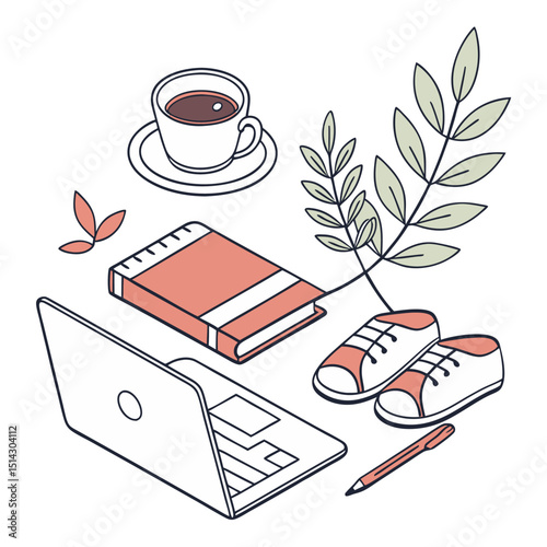 Cozy Workspace Laptop, Book, Coffee, and Plants for a Productive Day