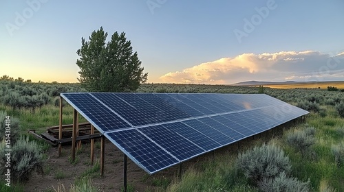 Solar panel rows glowing with residual sunlight during golden hour, set in a flat open terrain with no people